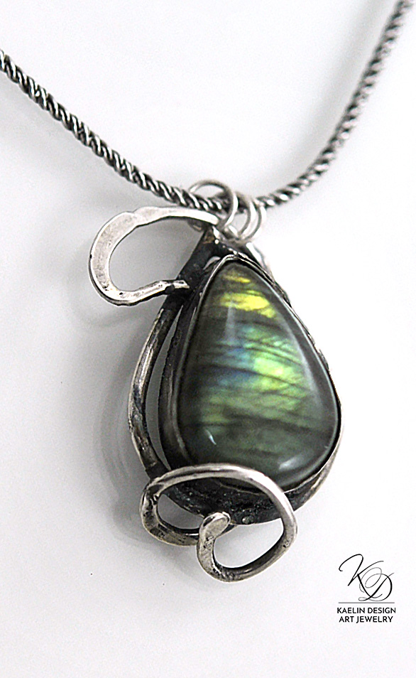 Ocean's Secret Labradorite and Hand Forged Sterling Silver Art Jewelry Pendant by Kaelin Design