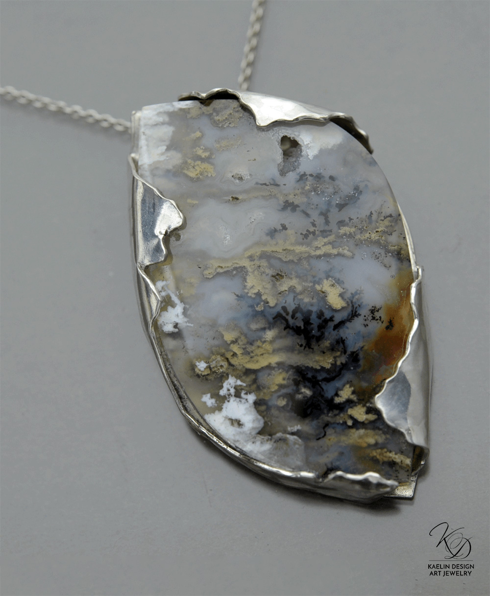 Storm Clouds Hand Forged Sterling Silver and Plume Agate Art Pendant by Kaelin Design