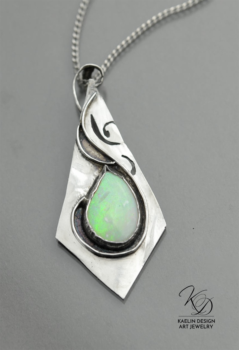 Opal Flight Hand Forged Silver and Ethiopian Opal Art Pendant by Kaelin Design Art Jewelry