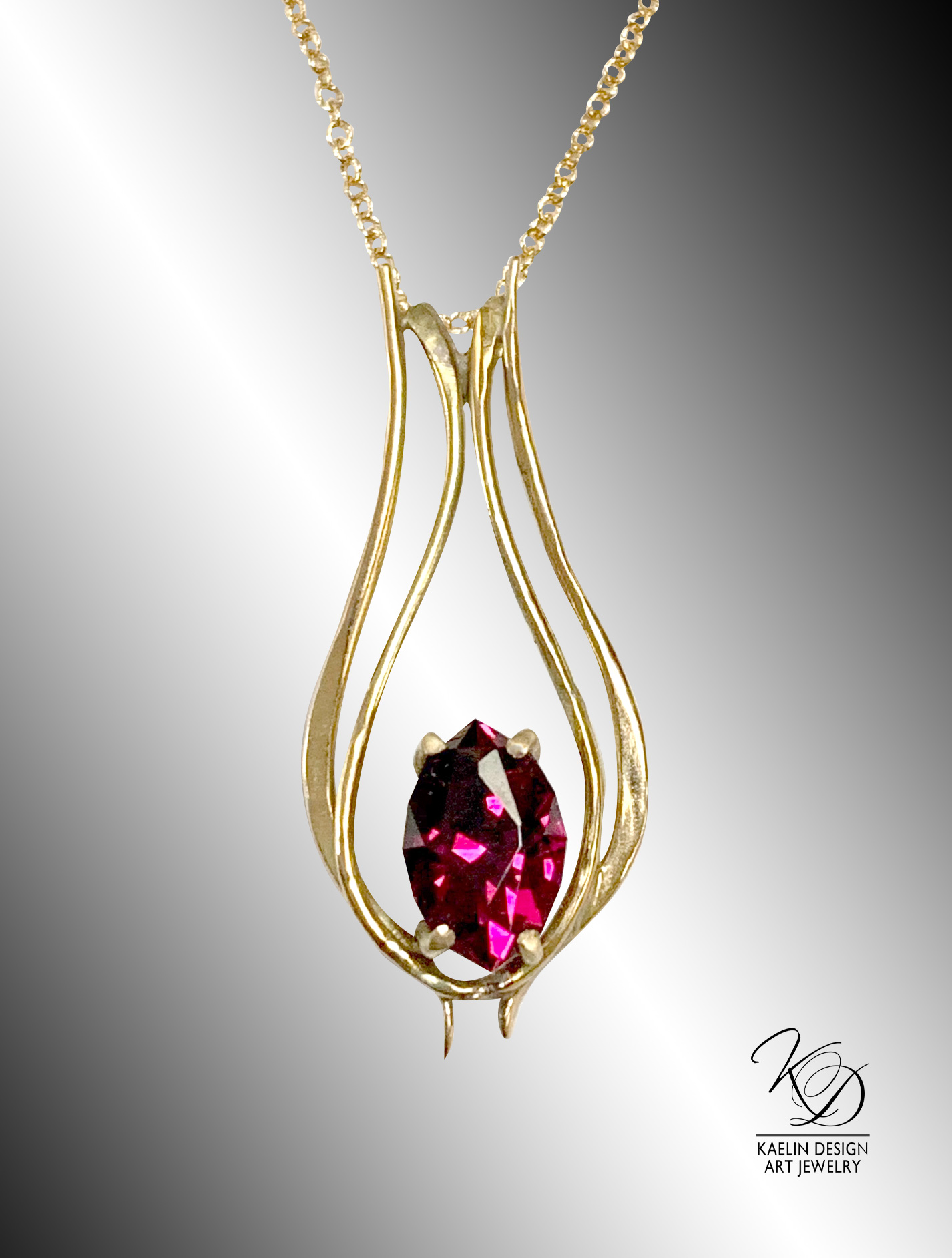 Firelight Gold Art Pendant with Rhodolite Garnet by Kaelin Design Fine Art Jewelry
