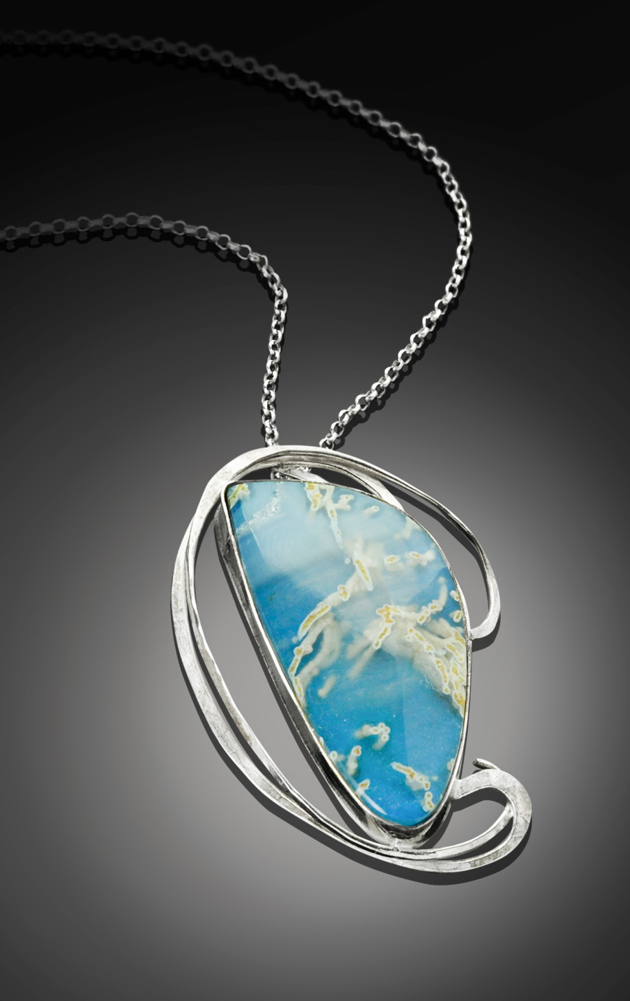 By the Seashore Blue Agate and Hand Forged Silver Pendant by Kaelin Design Art Jewelry