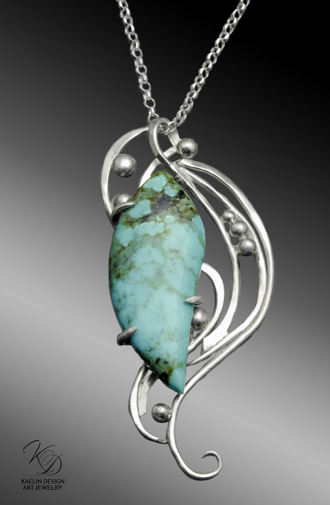 Turbulent Waters Turquoise and Hand Forged Silver Art Jewelry Pendant by Kaelin Design