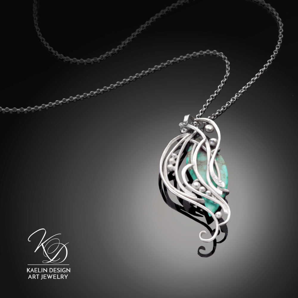 Turbulent Waters Turquoise and Hand Forged Silver Art Jewelry Pendant by Kaelin Design