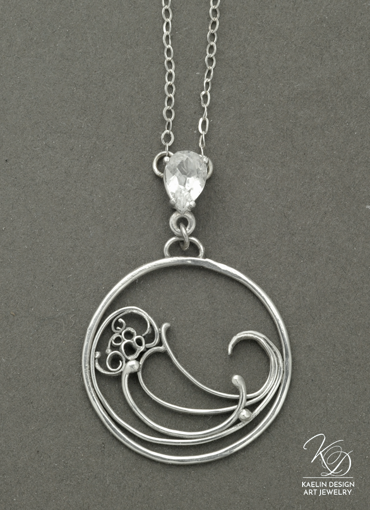 Wave Break Silver Ocean Art jewelry pendant by Kaelin Design