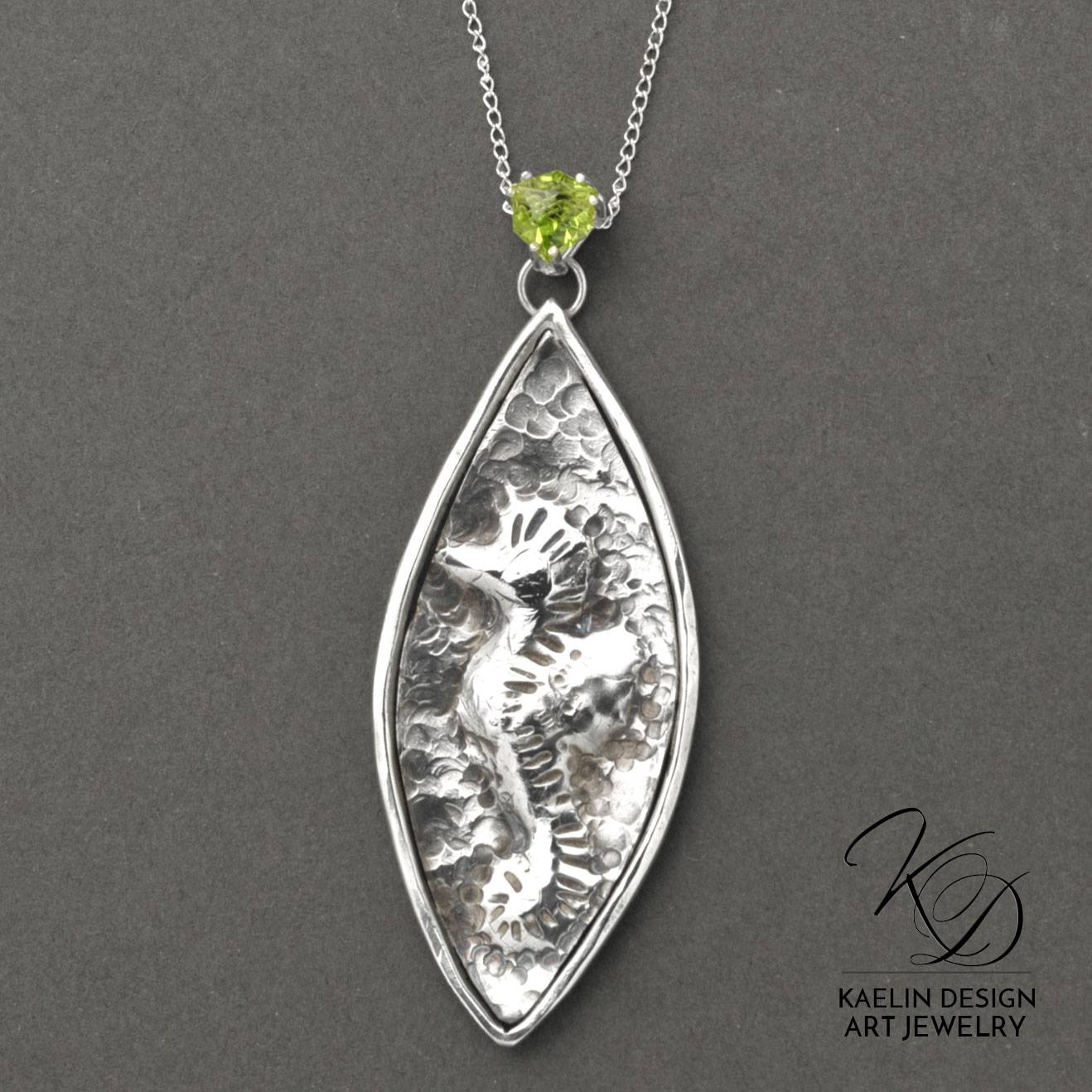 Seahorse Hand Forged Repousse Sterling Silver and Peridot Fine Art Pendant by Kaelin Design