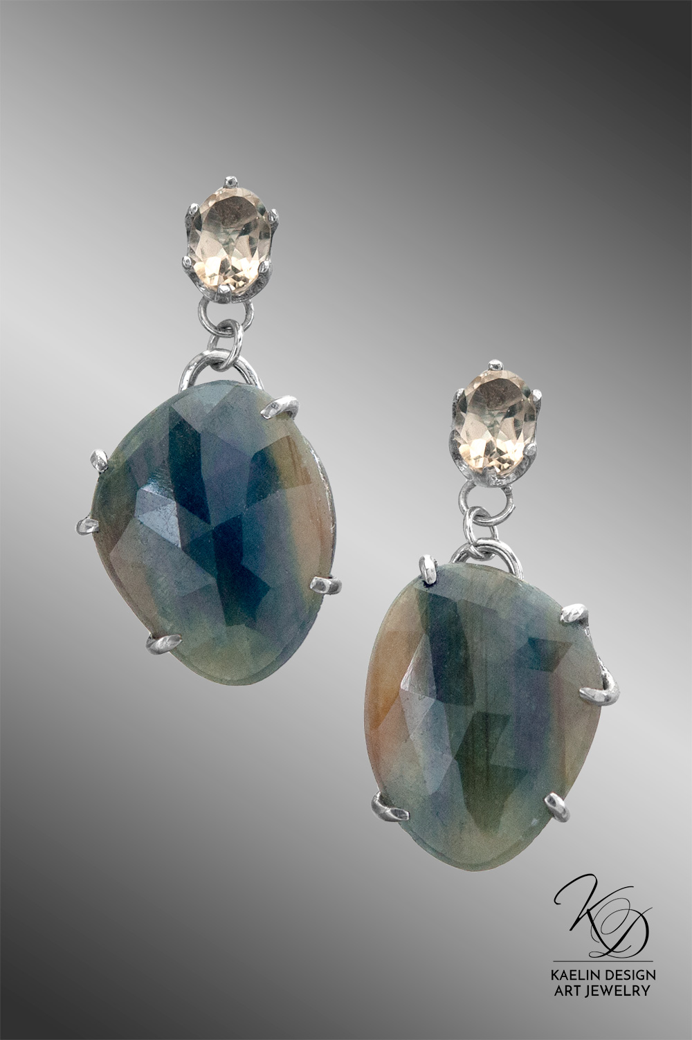 Sunlit Waters Sapphire and Citrine Fine Art Jewelry Earrings by Kaelin Design