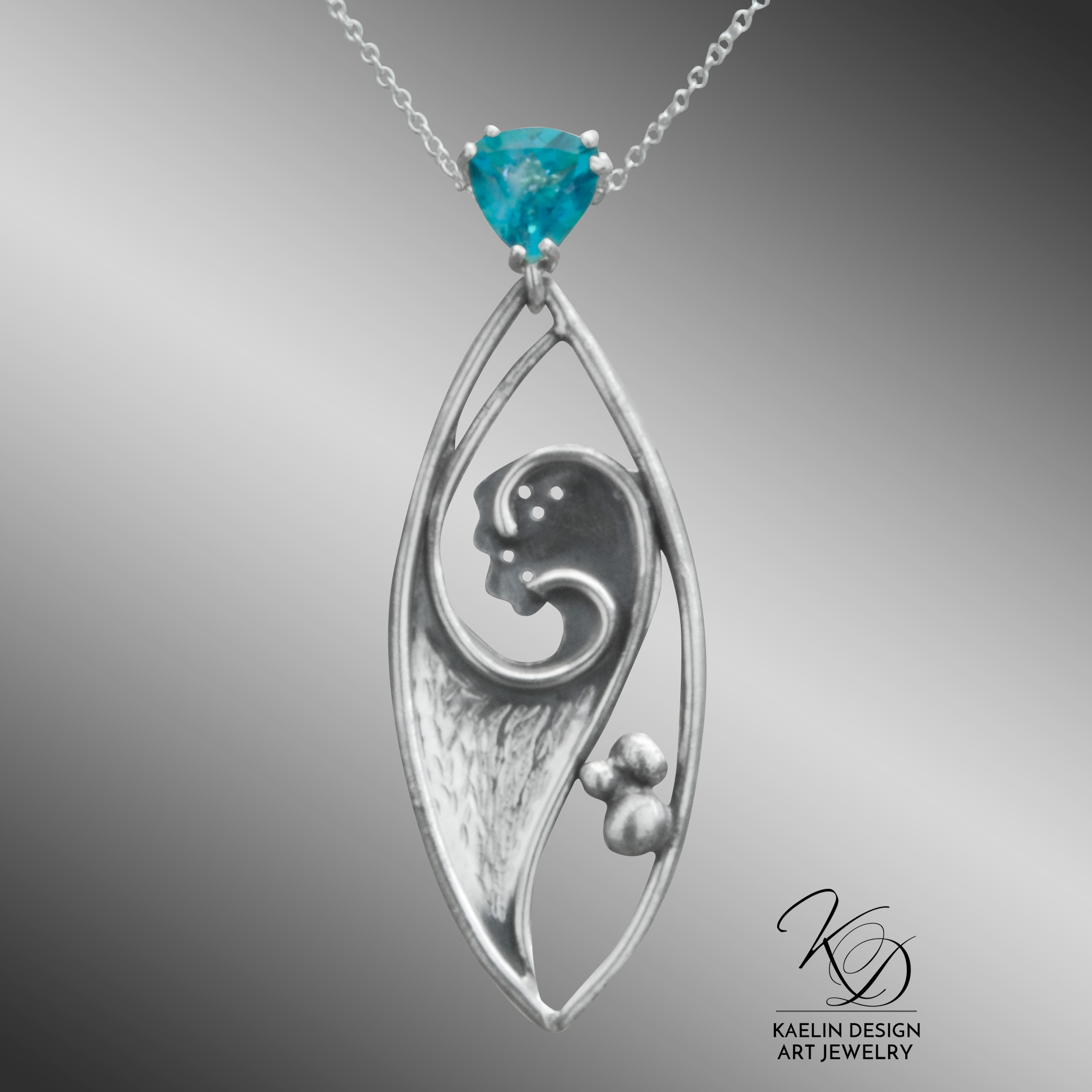 Dark Seas Blue Topaz Sterling Silver Fine Art Pendant by Kaelin Design Fine Jewelry