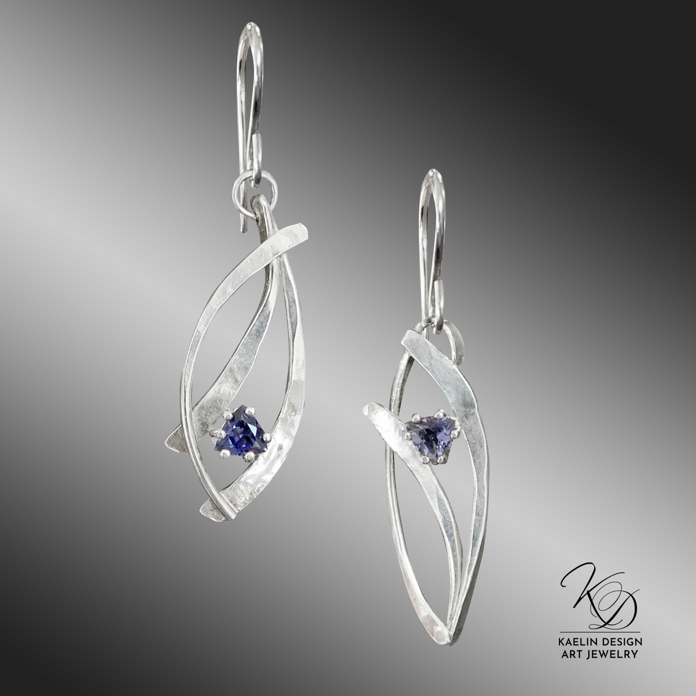 Effervescent Iolite Sterling Silver Hand Forged Art jewelry Earrings by Kaelin Design