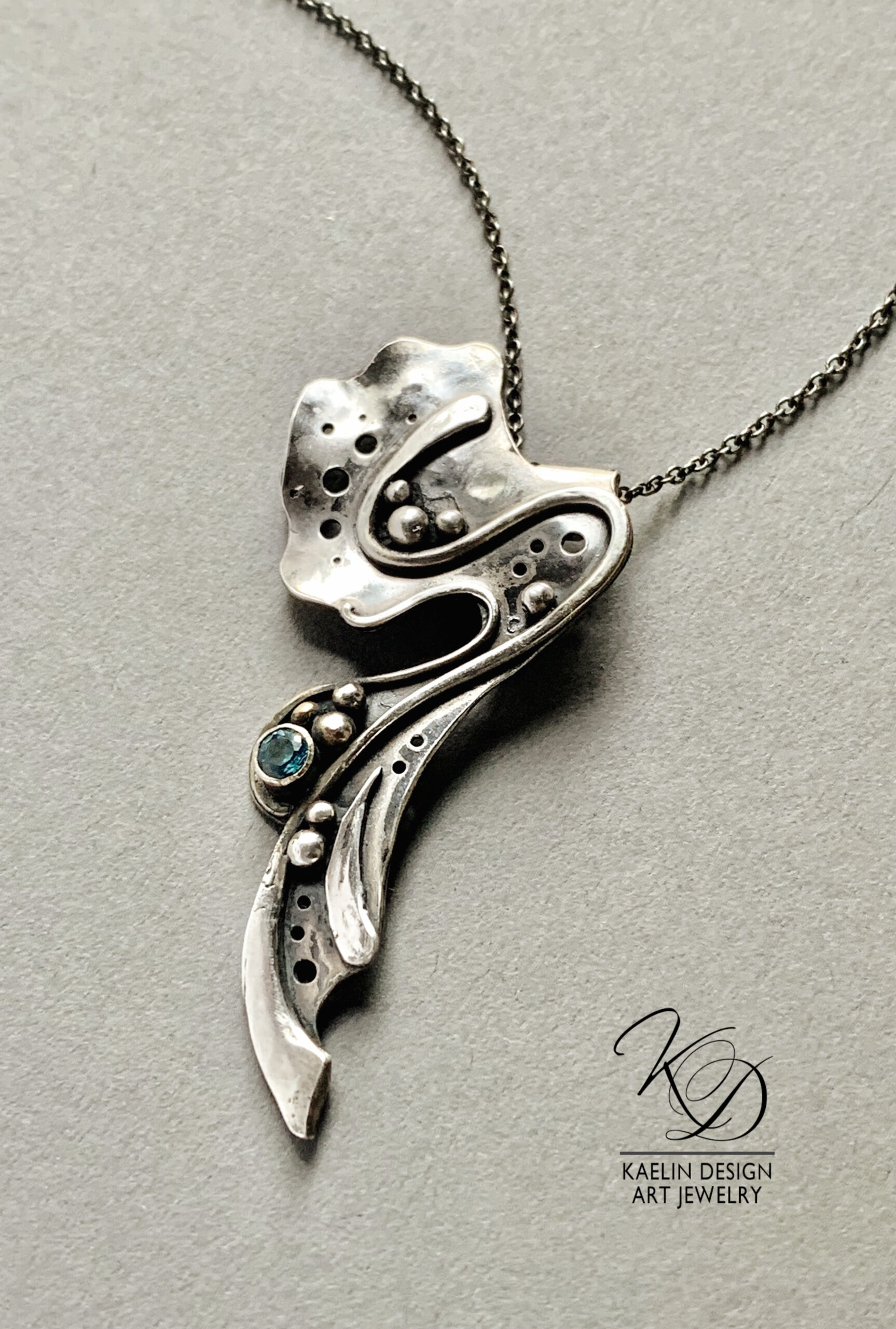Sea Spray Blue Topaz Silver Fine Art Jewelry Pendant Necklace by Kaelin Design