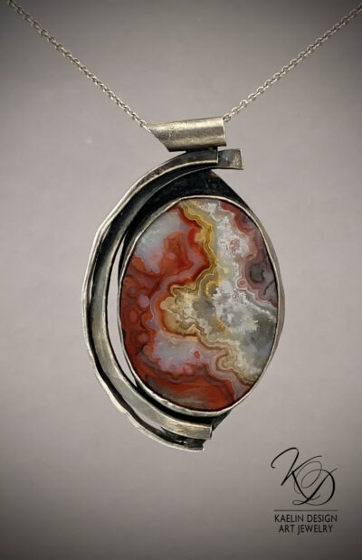 Red Shadows Crazy Lace Agate Art Pendant by Kaelin Design Fine Art Jewelry