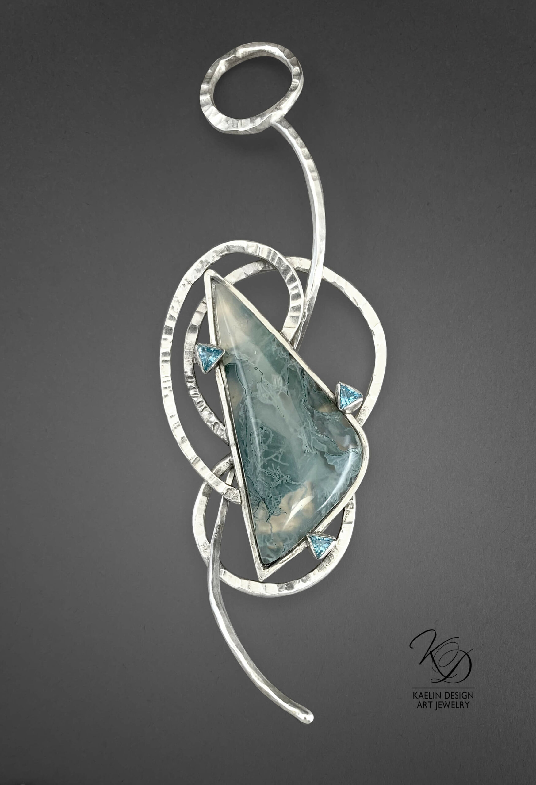 Whirlpool Depths Ochoco Agate and Topaz Convertible Art Jewelry Pendant and Brooch by Kaelin Design Fine Art Jewelry